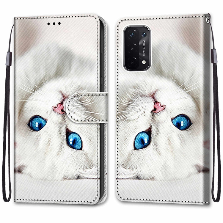 For OPPO A54 5G / A74 5G / A93 5G / A93s 5G Coloured Drawing Cross Texture Horizontal Flip PU Leather Case with Holder & Card Slots & Wallet & Lanyard(White Kitten) by buy2fix
