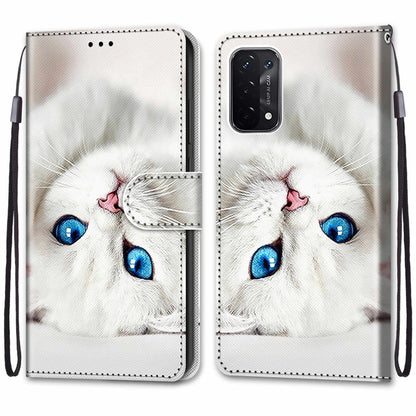 For OPPO A54 5G / A74 5G / A93 5G / A93s 5G Coloured Drawing Cross Texture Horizontal Flip PU Leather Case with Holder & Card Slots & Wallet & Lanyard(White Kitten) by buy2fix
