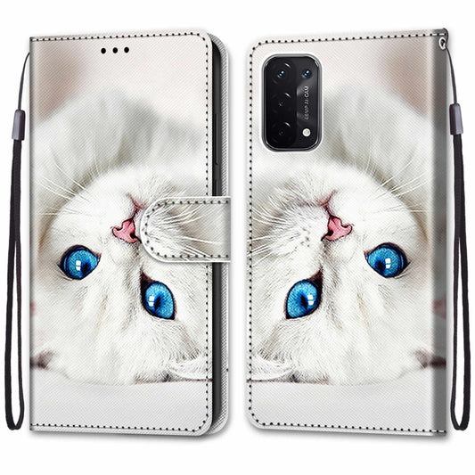 For OPPO A54 5G / A74 5G / A93 5G / A93s 5G Coloured Drawing Cross Texture Horizontal Flip PU Leather Case with Holder & Card Slots & Wallet & Lanyard(White Kitten) by buy2fix