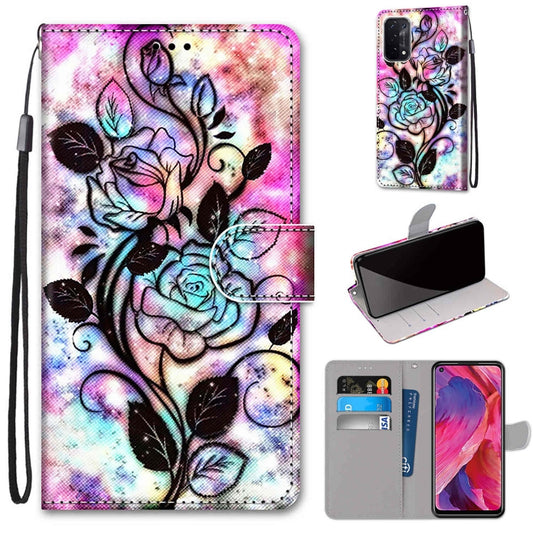 For OPPO A54 5G / A74 5G / A93 5G / A93s 5G Coloured Drawing Cross Texture Horizontal Flip PU Leather Case with Holder & Card Slots & Wallet & Lanyard(Color Bottom Hollow Flower) by buy2fix