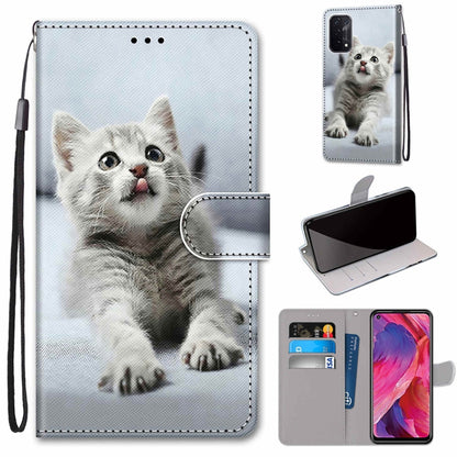 For OPPO A54 5G / A74 5G / A93 5G / A93s 5G Coloured Drawing Cross Texture Horizontal Flip PU Leather Case with Holder & Card Slots & Wallet & Lanyard(Small Gray Cat) by buy2fix