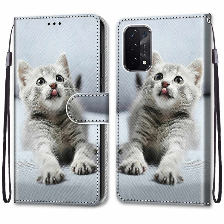For OPPO A54 5G / A74 5G / A93 5G / A93s 5G Coloured Drawing Cross Texture Horizontal Flip PU Leather Case with Holder & Card Slots & Wallet & Lanyard(Small Gray Cat) by buy2fix