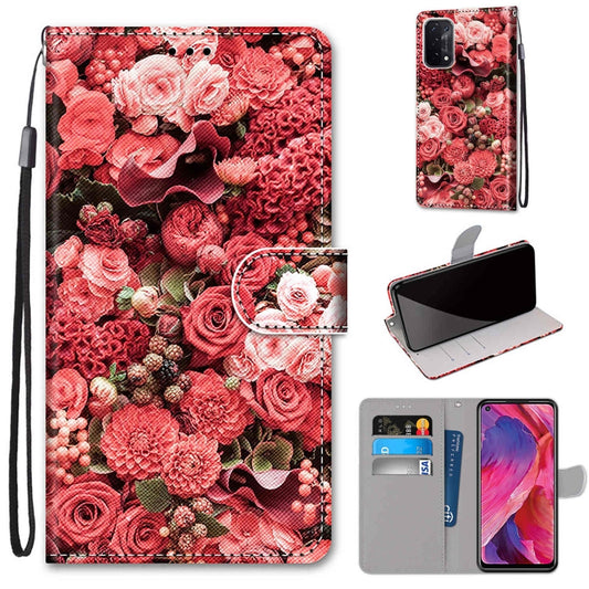 For OPPO A54 5G / A74 5G / A93 5G / A93s 5G Coloured Drawing Cross Texture Horizontal Flip PU Leather Case with Holder & Card Slots & Wallet & Lanyard(Pink Rose Garden) by buy2fix