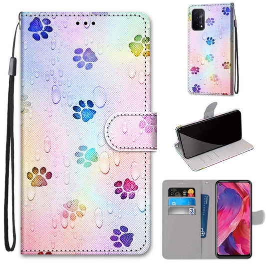 For OPPO A54 5G / A74 5G / A93 5G / A93s 5G Coloured Drawing Cross Texture Horizontal Flip PU Leather Case with Holder & Card Slots & Wallet & Lanyard(Footprint Water Drops) by buy2fix
