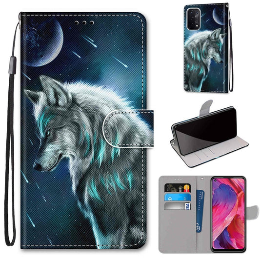 For OPPO A54 5G / A74 5G / A93 5G / A93s 5G Coloured Drawing Cross Texture Horizontal Flip PU Leather Case with Holder & Card Slots & Wallet & Lanyard(Pensive Wolf) by buy2fix