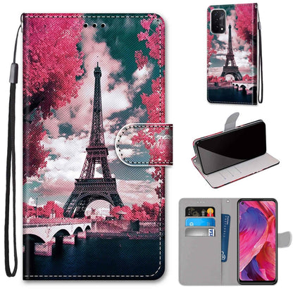 For OPPO A54 5G / A74 5G / A93 5G / A93s 5G Coloured Drawing Cross Texture Horizontal Flip PU Leather Case with Holder & Card Slots & Wallet & Lanyard(Pink Flower Tower Bridge) by buy2fix