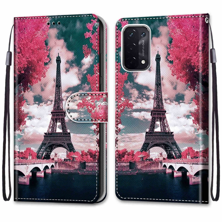 For OPPO A54 5G / A74 5G / A93 5G / A93s 5G Coloured Drawing Cross Texture Horizontal Flip PU Leather Case with Holder & Card Slots & Wallet & Lanyard(Pink Flower Tower Bridge) by buy2fix