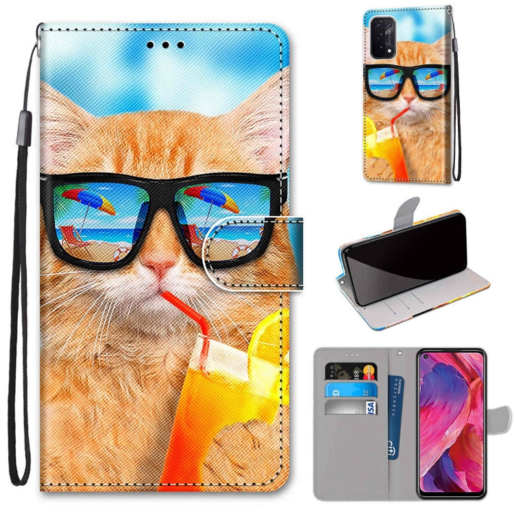 For OPPO A54 5G / A74 5G / A93 5G / A93s 5G Coloured Drawing Cross Texture Horizontal Flip PU Leather Case with Holder & Card Slots & Wallet & Lanyard(Cat Drinking Soda) by buy2fix