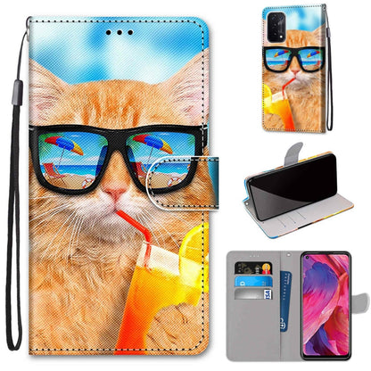 For OPPO A54 5G / A74 5G / A93 5G / A93s 5G Coloured Drawing Cross Texture Horizontal Flip PU Leather Case with Holder & Card Slots & Wallet & Lanyard(Cat Drinking Soda) by buy2fix