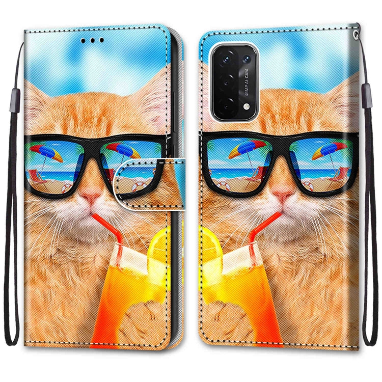 For OPPO A54 5G / A74 5G / A93 5G / A93s 5G Coloured Drawing Cross Texture Horizontal Flip PU Leather Case with Holder & Card Slots & Wallet & Lanyard(Cat Drinking Soda) by buy2fix