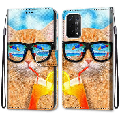 For OPPO A54 5G / A74 5G / A93 5G / A93s 5G Coloured Drawing Cross Texture Horizontal Flip PU Leather Case with Holder & Card Slots & Wallet & Lanyard(Cat Drinking Soda) by buy2fix