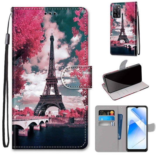 For OPPO A55 5G / A54 4G / A53s 5G / A16 4G Coloured Drawing Cross Texture Horizontal Flip PU Leather Case with Holder & Card Slots & Wallet & Lanyard(Pink Flower Tower Bridge) by buy2fix