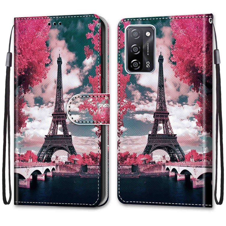For OPPO A55 5G / A54 4G / A53s 5G / A16 4G Coloured Drawing Cross Texture Horizontal Flip PU Leather Case with Holder & Card Slots & Wallet & Lanyard(Pink Flower Tower Bridge) by buy2fix