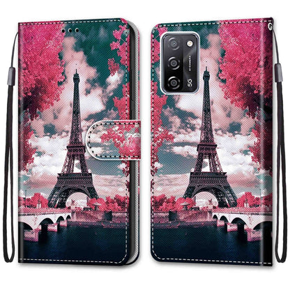 For OPPO A55 5G / A54 4G / A53s 5G / A16 4G Coloured Drawing Cross Texture Horizontal Flip PU Leather Case with Holder & Card Slots & Wallet & Lanyard(Pink Flower Tower Bridge) by buy2fix