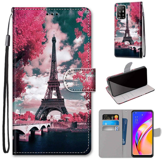For OPPO F19 Pro+ 5G / A94 5G / A95 5G Coloured Drawing Cross Texture Horizontal Flip PU Leather Case with Holder & Card Slots & Wallet & Lanyard(Pink Flower Tower Bridge) by buy2fix