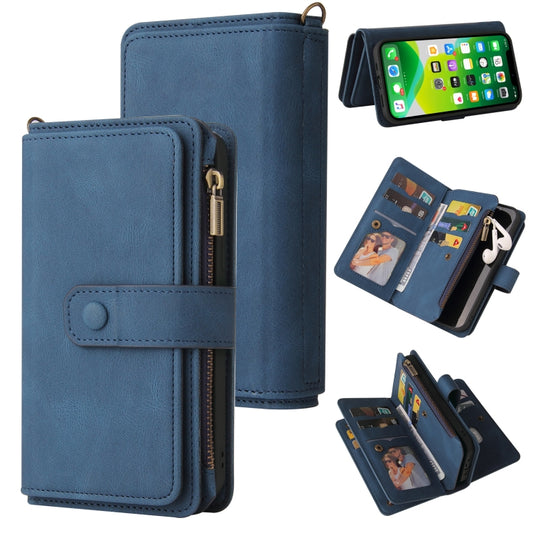 For iPhone 13 Skin Feel PU + TPU Horizontal Flip Leather Case with Holder & 15 Cards Slot & Wallet & Zipper Pocket & Lanyard(Blue) - iPhone 13 Cases by buy2fix | Online Shopping UK | buy2fix