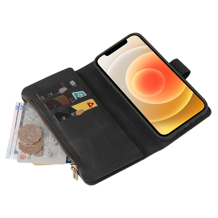 For iPhone 12 / 12 Pro Skin Feel PU + TPU Horizontal Flip Leather Case with Holder & 15 Cards Slot & Wallet & Zipper Pocket & Lanyard(Black) - iPhone 12 / 12 Pro Cases by buy2fix | Online Shopping UK | buy2fix