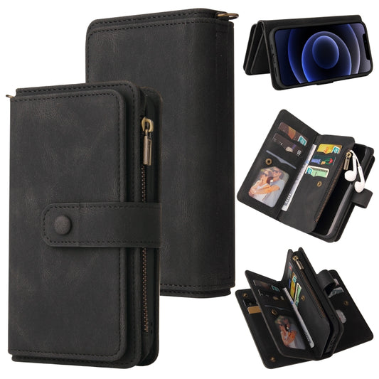 For iPhone 12 mini Skin Feel PU + TPU Horizontal Flip Leather Case with Holder & 15 Cards Slot & Wallet & Zipper Pocket & Lanyard (Black) by buy2fix