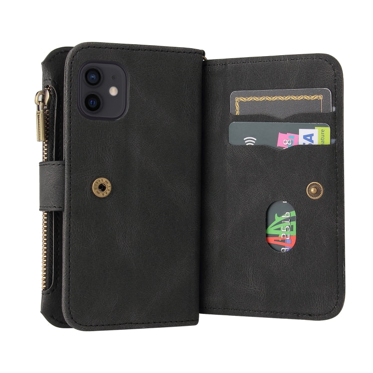 For iPhone 12 mini Skin Feel PU + TPU Horizontal Flip Leather Case with Holder & 15 Cards Slot & Wallet & Zipper Pocket & Lanyard (Black) by buy2fix