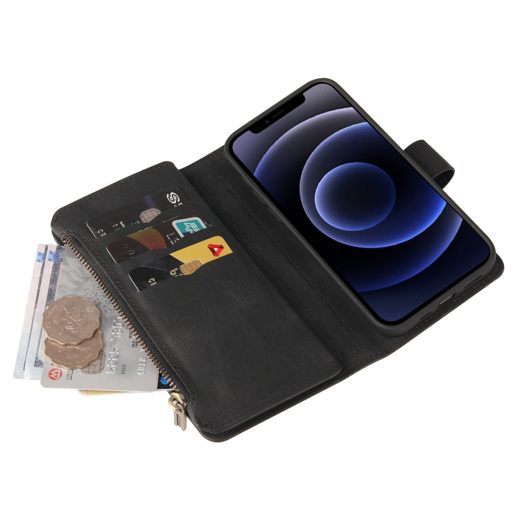 For iPhone 12 mini Skin Feel PU + TPU Horizontal Flip Leather Case with Holder & 15 Cards Slot & Wallet & Zipper Pocket & Lanyard (Black) by buy2fix