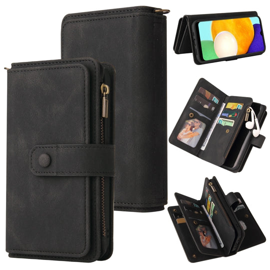For Samsung Galaxy A03s Skin Feel PU + TPU Horizontal Flip Leather Case with Holder & 15 Cards Slot & Wallet & Zipper Pocket & Lanyard(Black)