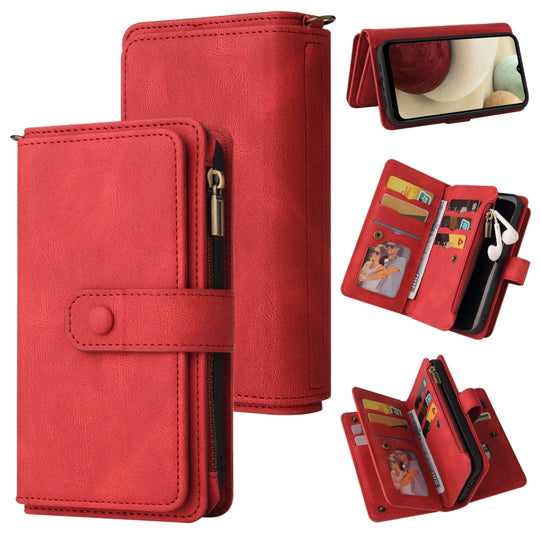For Samsung Galaxy A12 5G Skin Feel PU + TPU Horizontal Flip Leather Case with Holder & 15 Cards Slot & Wallet & Zipper Pocket & Lanyard(Red)