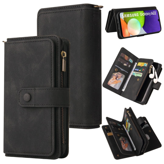 For Samsung Galaxy A22 4G Skin Feel PU + TPU Horizontal Flip Leather Case with Holder & 15 Cards Slot & Wallet & Zipper Pocket & Lanyard(Black)