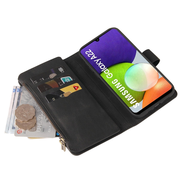 For Samsung Galaxy A22 4G Skin Feel PU + TPU Horizontal Flip Leather Case with Holder & 15 Cards Slot & Wallet & Zipper Pocket & Lanyard(Black) by buy2fix