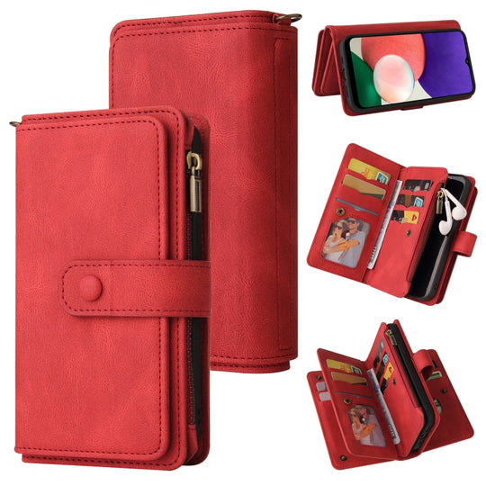 For Samsung Galaxy A22 5G Skin Feel PU + TPU Horizontal Flip Leather Case with Holder & 15 Cards Slot & Wallet & Zipper Pocket & Lanyard(Red)
