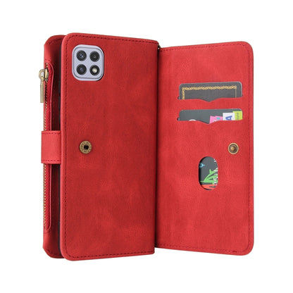 For Samsung Galaxy A22 5G Skin Feel PU + TPU Horizontal Flip Leather Case with Holder & 15 Cards Slot & Wallet & Zipper Pocket & Lanyard(Red) by buy2fix