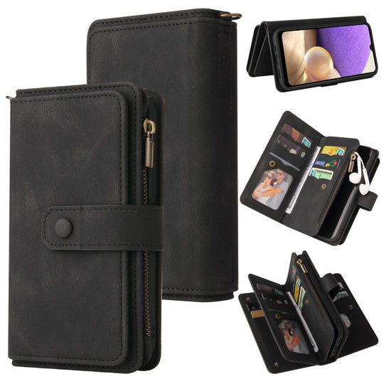 For Samsung Galaxy A32 4G Skin Feel PU + TPU Horizontal Flip Leather Case with Holder & 15 Cards Slot & Wallet & Zipper Pocket & Lanyard(Black)