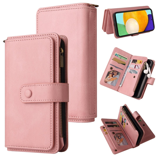 For Samsung Galaxy A52 5G / 4G Skin Feel PU + TPU Horizontal Flip Leather Case with Holder & 15 Cards Slot & Wallet & Zipper Pocket & Lanyard(Pink)