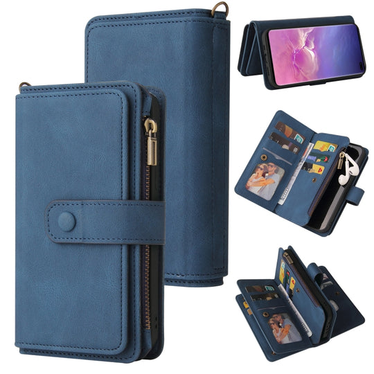 For Samsung Galaxy S10+ Skin Feel PU + TPU Horizontal Flip Leather Case with Holder & 15 Cards Slot & Wallet & Zipper Pocket & Lanyard(Blue)
