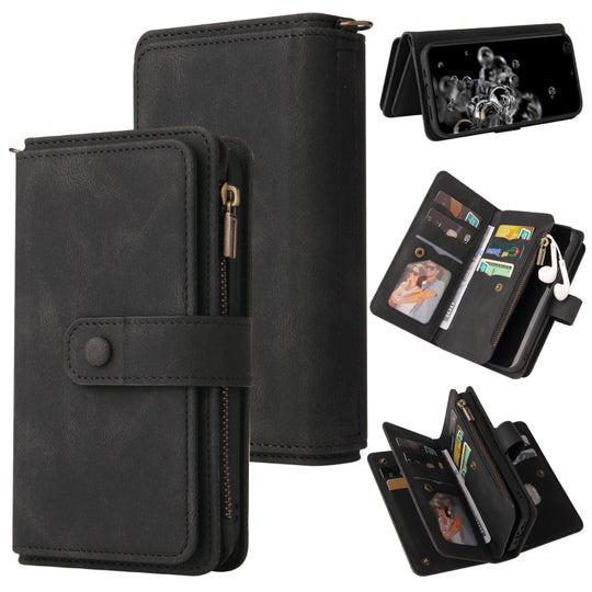 For Samsung Galaxy S20 Ultra Skin Feel PU + TPU Horizontal Flip Leather Case with Holder & 15 Cards Slot & Wallet & Zipper Pocket & Lanyard(Black)
