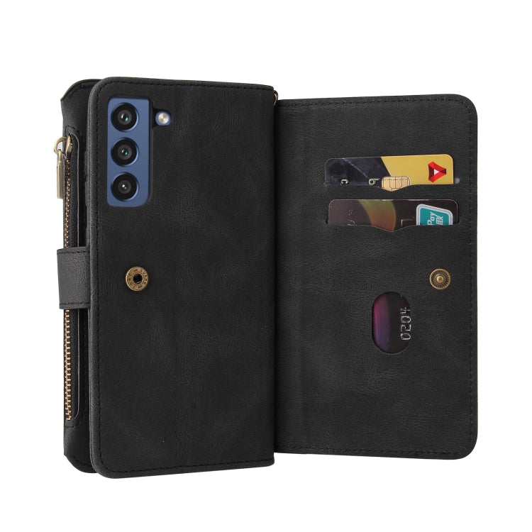 For Samsung Galaxy S21 FE 5G Skin Feel PU + TPU Horizontal Flip Leather Case with Holder & 15 Cards Slot & Wallet & Zipper Pocket & Lanyard(Black) by buy2fix