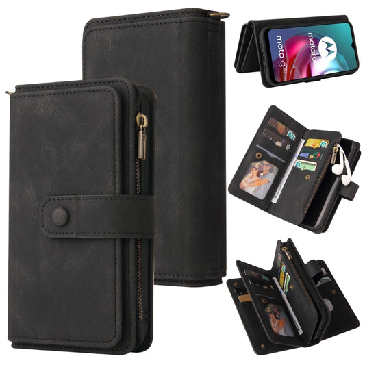 For Motorola Moto G30 Skin Feel PU + TPU Horizontal Flip Leather Case With Holder & 15 Cards Slot & Wallet & Zipper Pocket & Lanyard(Black) by buy2fix