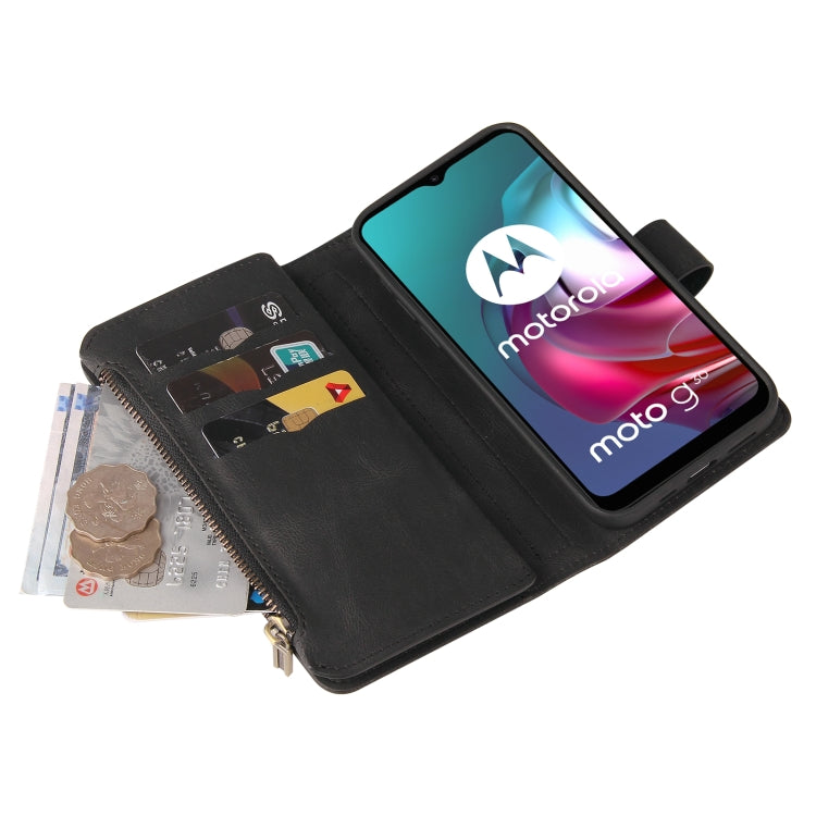 For Motorola Moto G30 Skin Feel PU + TPU Horizontal Flip Leather Case With Holder & 15 Cards Slot & Wallet & Zipper Pocket & Lanyard(Black) by buy2fix
