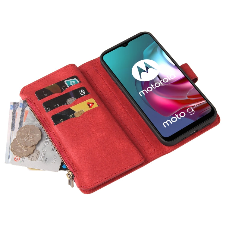 For Motorola Moto G30 Skin Feel PU + TPU Horizontal Flip Leather Case With Holder & 15 Cards Slot & Wallet & Zipper Pocket & Lanyard(Red) by buy2fix