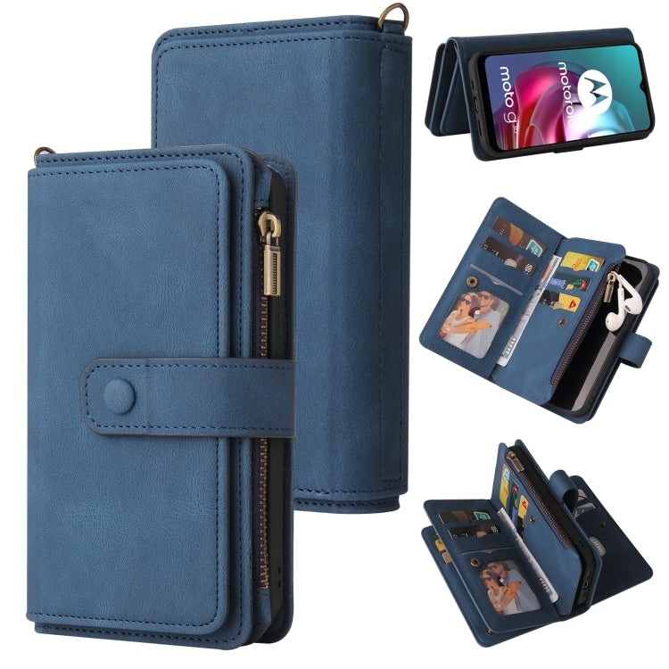 For Motorola Moto G30 Skin Feel PU + TPU Horizontal Flip Leather Case With Holder & 15 Cards Slot & Wallet & Zipper Pocket & Lanyard(Blue) by buy2fix