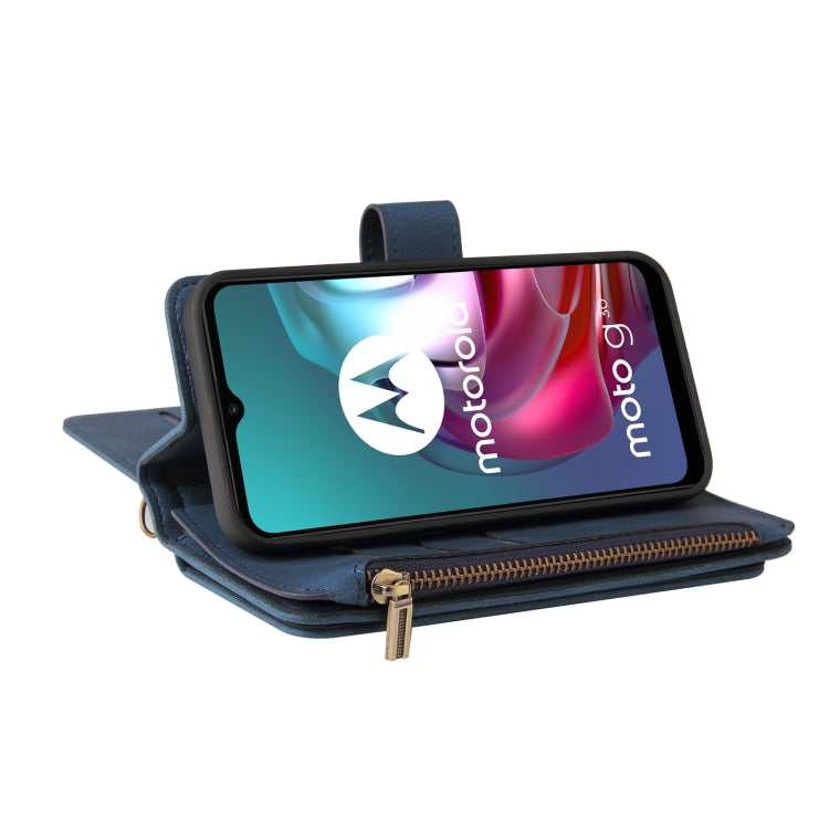 For Motorola Moto G30 Skin Feel PU + TPU Horizontal Flip Leather Case With Holder & 15 Cards Slot & Wallet & Zipper Pocket & Lanyard(Blue) by buy2fix