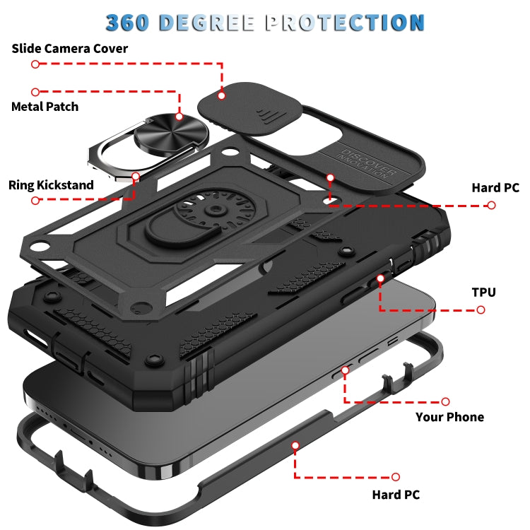 For iPhone 12 / 12 Pro Sliding Camera Cover Design TPU + PC Protective Case with 360 Degree Rotating Holder & Card Slot(Black+Black) by buy2fix