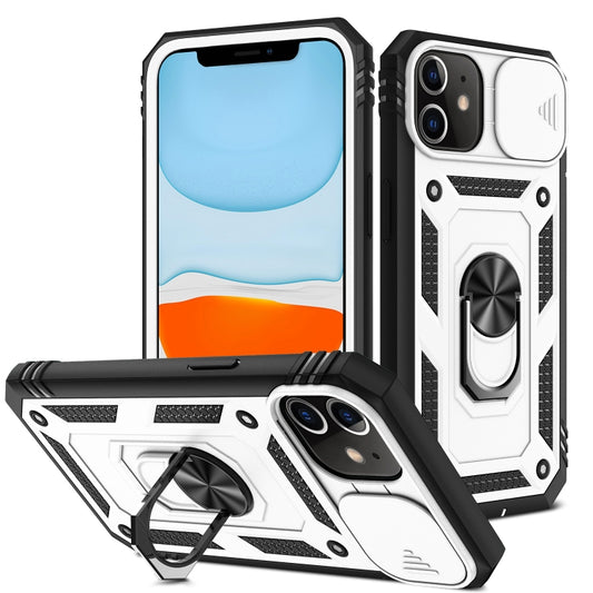 For iPhone 11 Sliding Camera Cover Design TPU + PC Protective Case with 360 Degree Rotating Holder & Card Slot (White+Black) by buy2fix