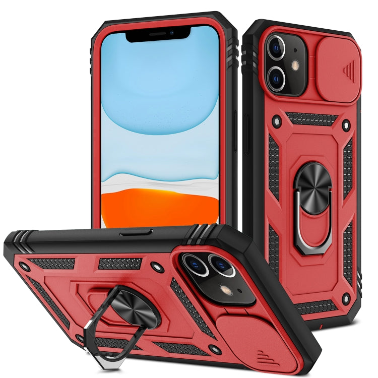 For iPhone 11 Sliding Camera Cover Design TPU + PC Protective Case with 360 Degree Rotating Holder & Card Slot (Red+Black) by buy2fix