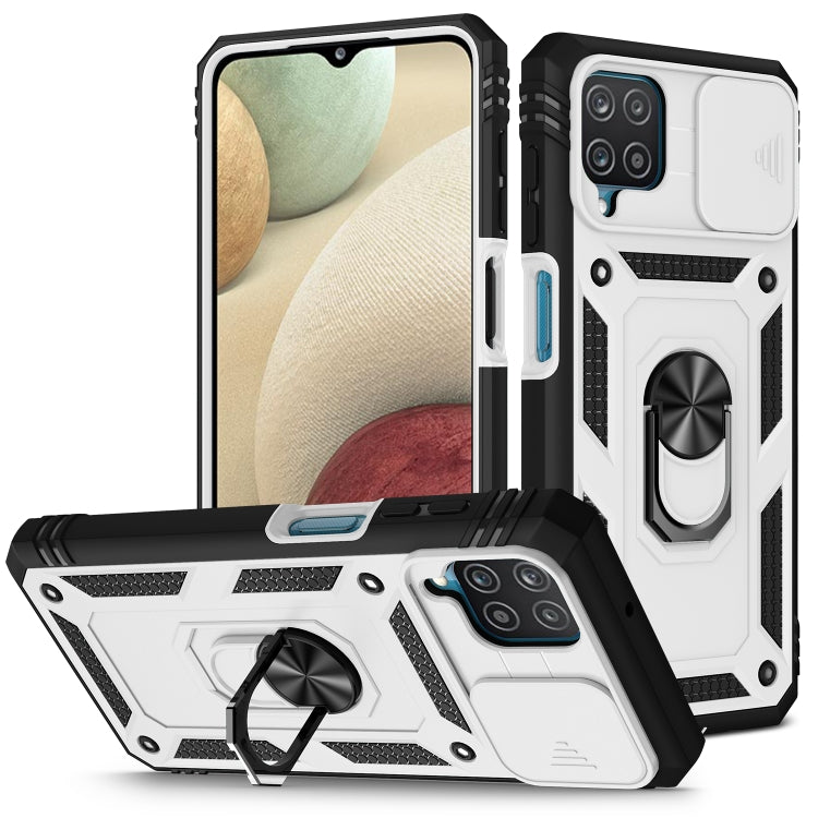 For Samsung Galaxy A12 Sliding Camera Cover Design TPU + PC Protective Case with 360 Degree Rotating Holder & Card Slot(White+Black) by buy2fix
