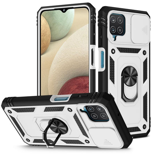 For Samsung Galaxy A12 Sliding Camera Cover Design TPU + PC Protective Case with 360 Degree Rotating Holder & Card Slot(White+Black) by buy2fix