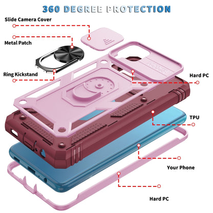 For Samsung Galaxy A12 Sliding Camera Cover Design TPU + PC Protective Case with 360 Degree Rotating Holder & Card Slot(Pink+Dark Red) by buy2fix