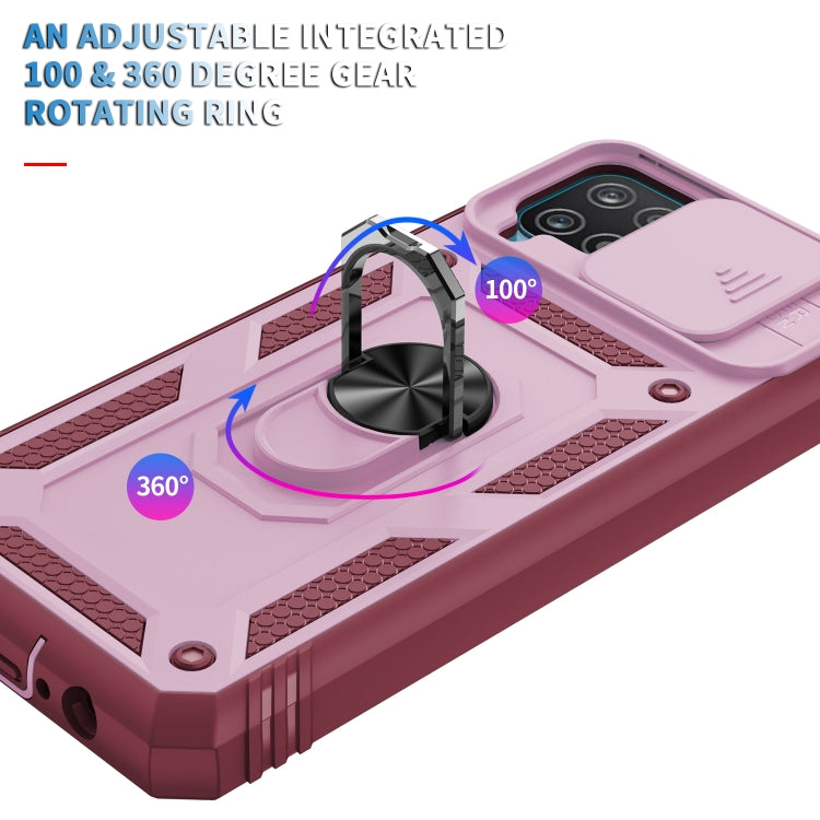 For Samsung Galaxy A12 Sliding Camera Cover Design TPU + PC Protective Case with 360 Degree Rotating Holder & Card Slot(Pink+Dark Red) by buy2fix