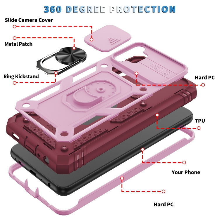For Samsung Galaxy A32 5G Sliding Camera Cover Design TPU + PC Protective Case with 360 Degree Rotating Holder & Card Slot(Pink+Dark Red) by buy2fix