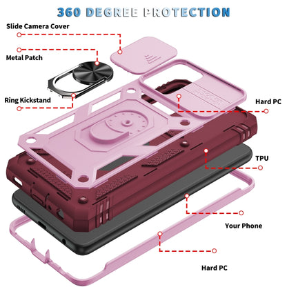 For Samsung Galaxy A52 Sliding Camera Cover Design TPU + PC Protective Case with 360 Degree Rotating Holder & Card Slot(Pink+Dark Red) by buy2fix