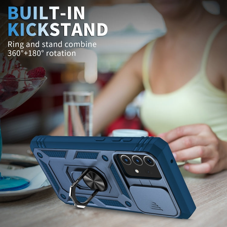 For Samsung Galaxy A52 Sliding Camera Cover Design TPU + PC Protective Case with 360 Degree Rotating Holder & Card Slot(Blue+Blue) by buy2fix